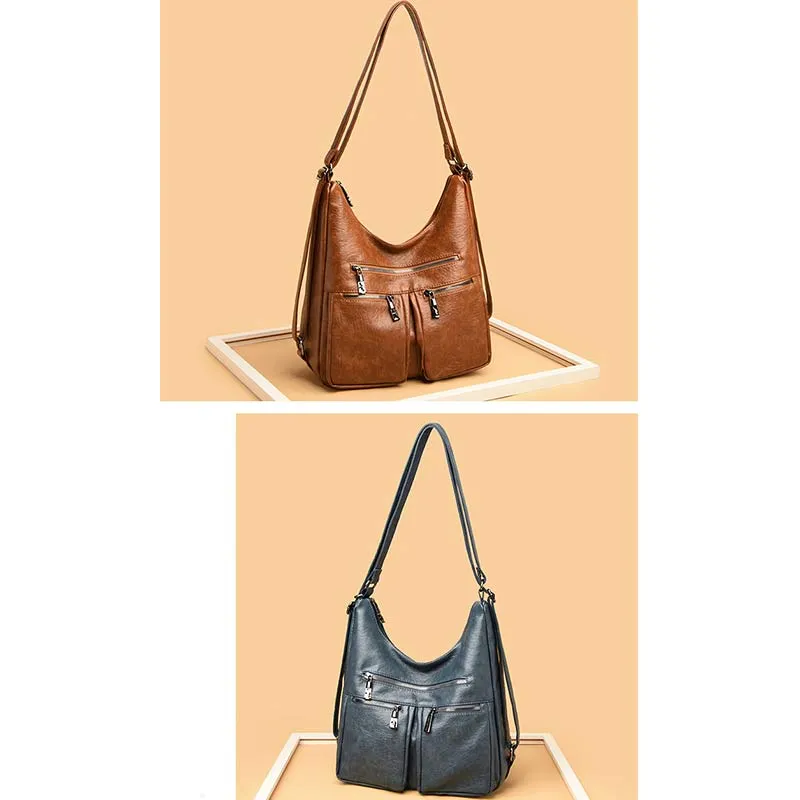3 Way Use Backpack Multi Pocket Leather Zip Crossbody Shoulder Bag