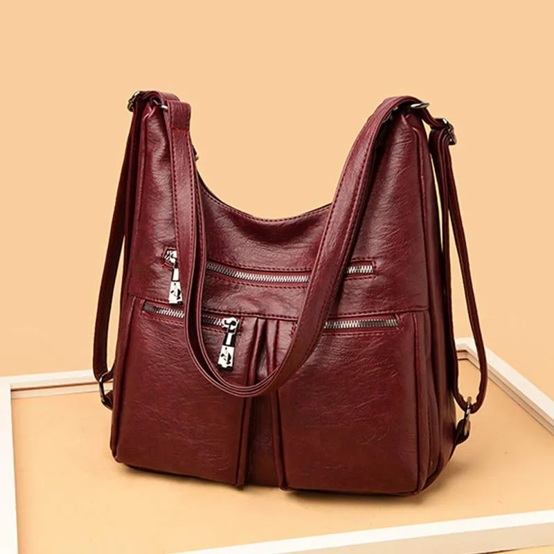3 Way Use Backpack Multi Pocket Leather Zip Crossbody Shoulder Bag