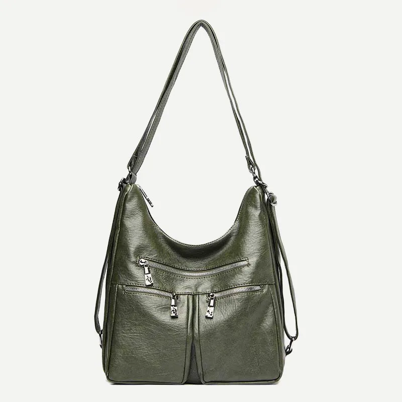 3 Way Use Backpack Multi Pocket Leather Zip Crossbody Shoulder Bag