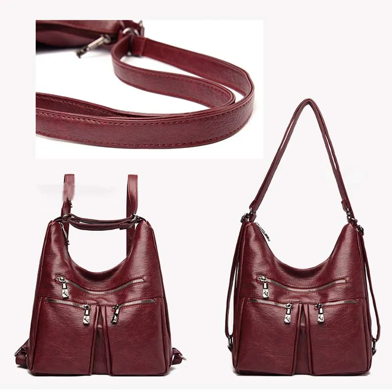 3 Way Use Backpack Multi Pocket Leather Zip Crossbody Shoulder Bag