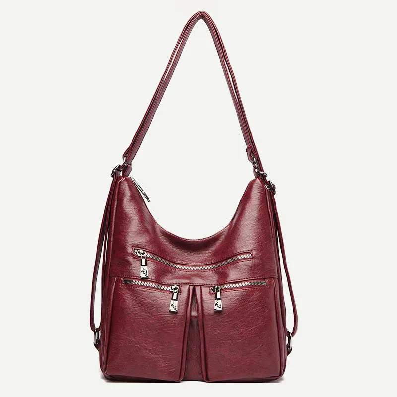 3 Way Use Backpack Multi Pocket Leather Zip Crossbody Shoulder Bag