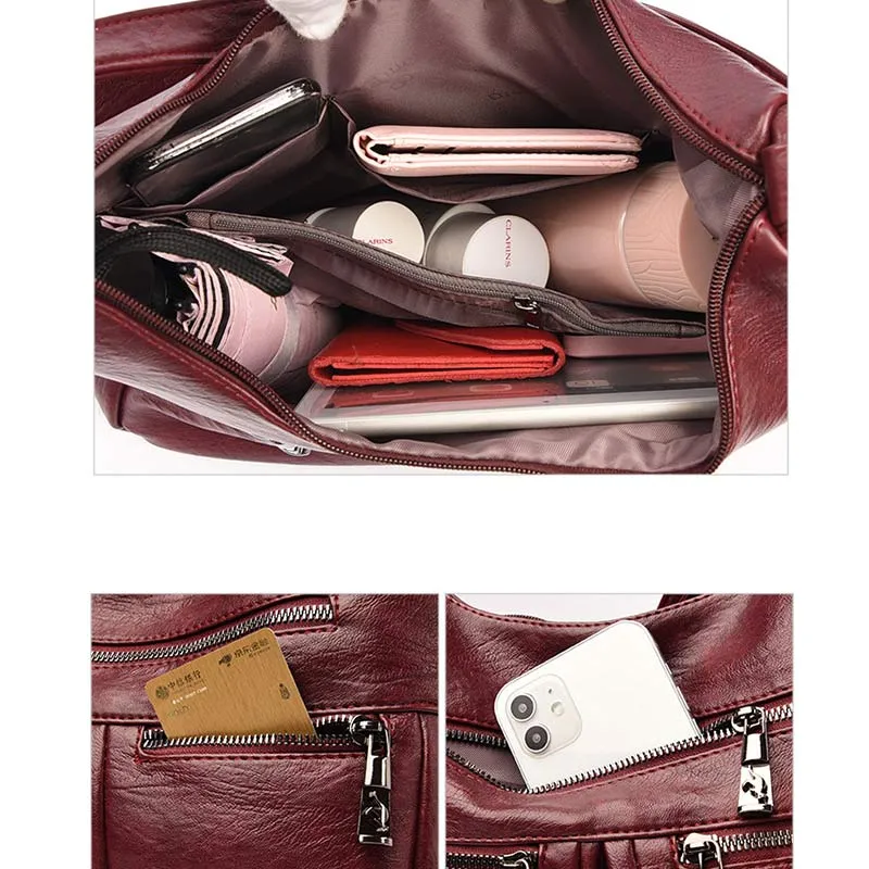 3 Way Use Backpack Multi Pocket Leather Zip Crossbody Shoulder Bag