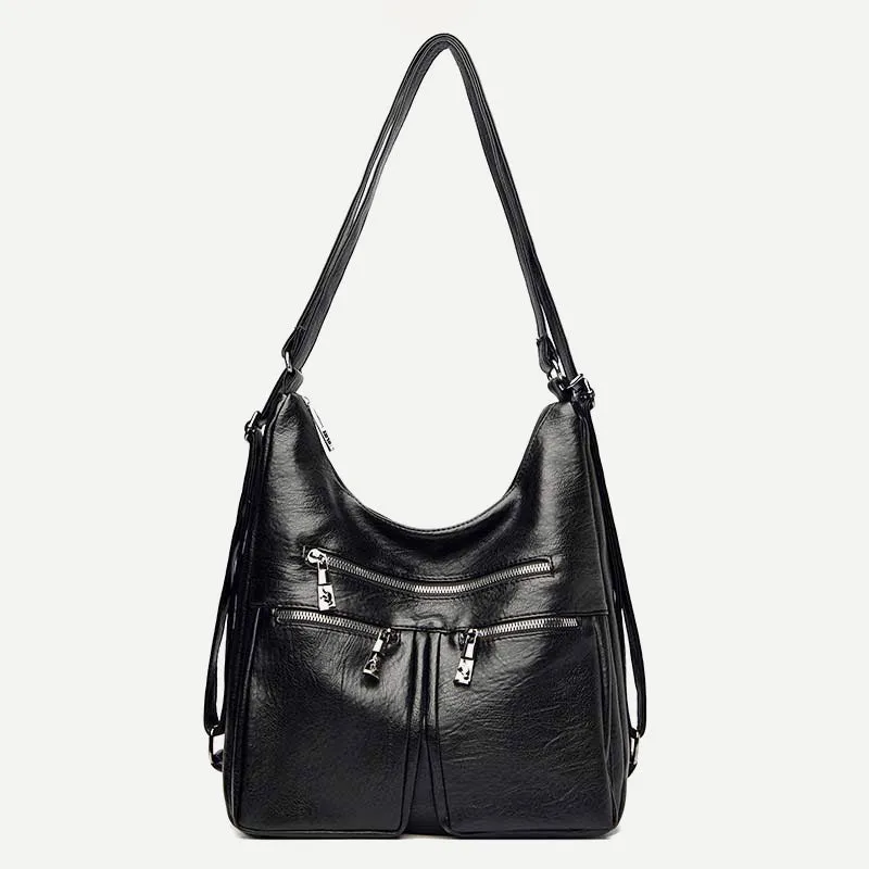 3 Way Use Backpack Multi Pocket Leather Zip Crossbody Shoulder Bag