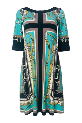 Boat neck elbow sleeve above knee length A line dress
