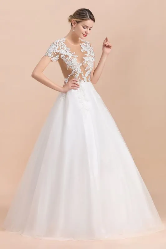 Chic Lace Tulle A-line Short Sleeve Wedding Dress