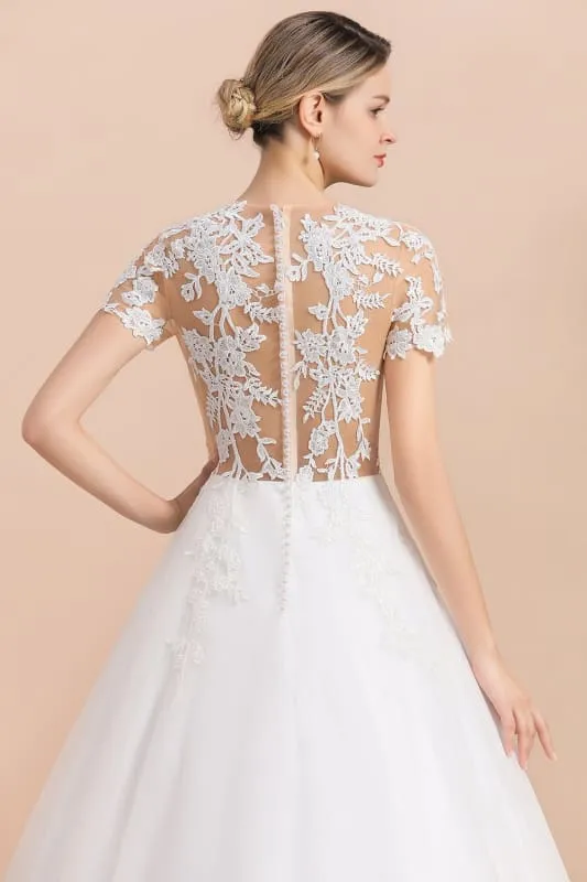 Chic Lace Tulle A-line Short Sleeve Wedding Dress