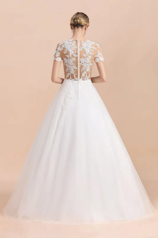 Chic Lace Tulle A-line Short Sleeve Wedding Dress