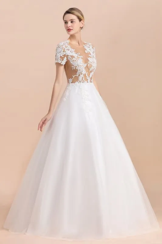 Chic Lace Tulle A-line Short Sleeve Wedding Dress