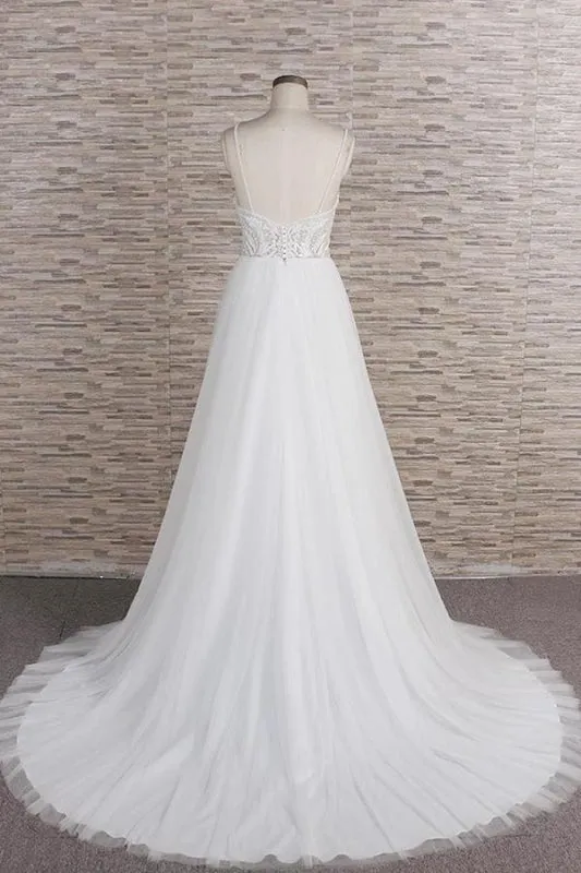 Chic Spaghetti Strap Appliques Tulle Wedding Dress