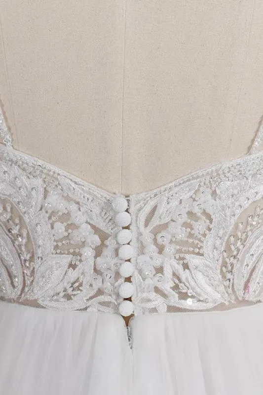 Chic Spaghetti Strap Appliques Tulle Wedding Dress