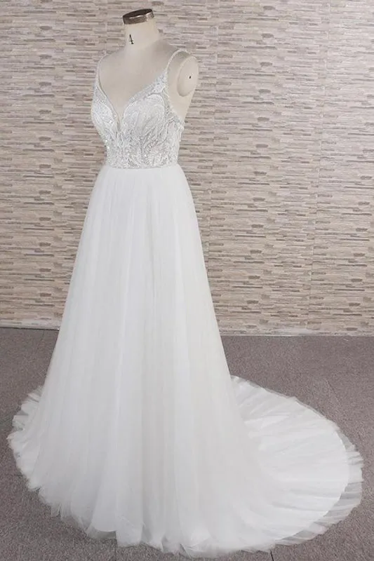 Chic Spaghetti Strap Appliques Tulle Wedding Dress