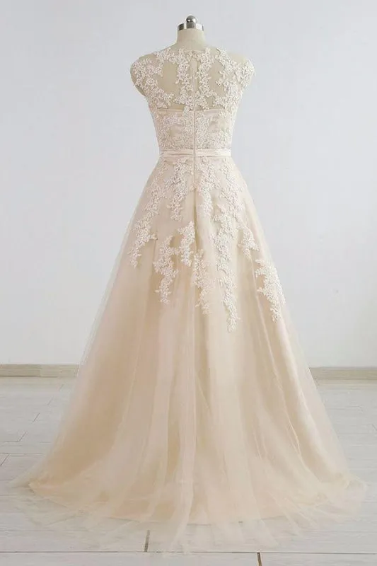 Chic V-neck Appliques A-line Tulle Wedding Dress