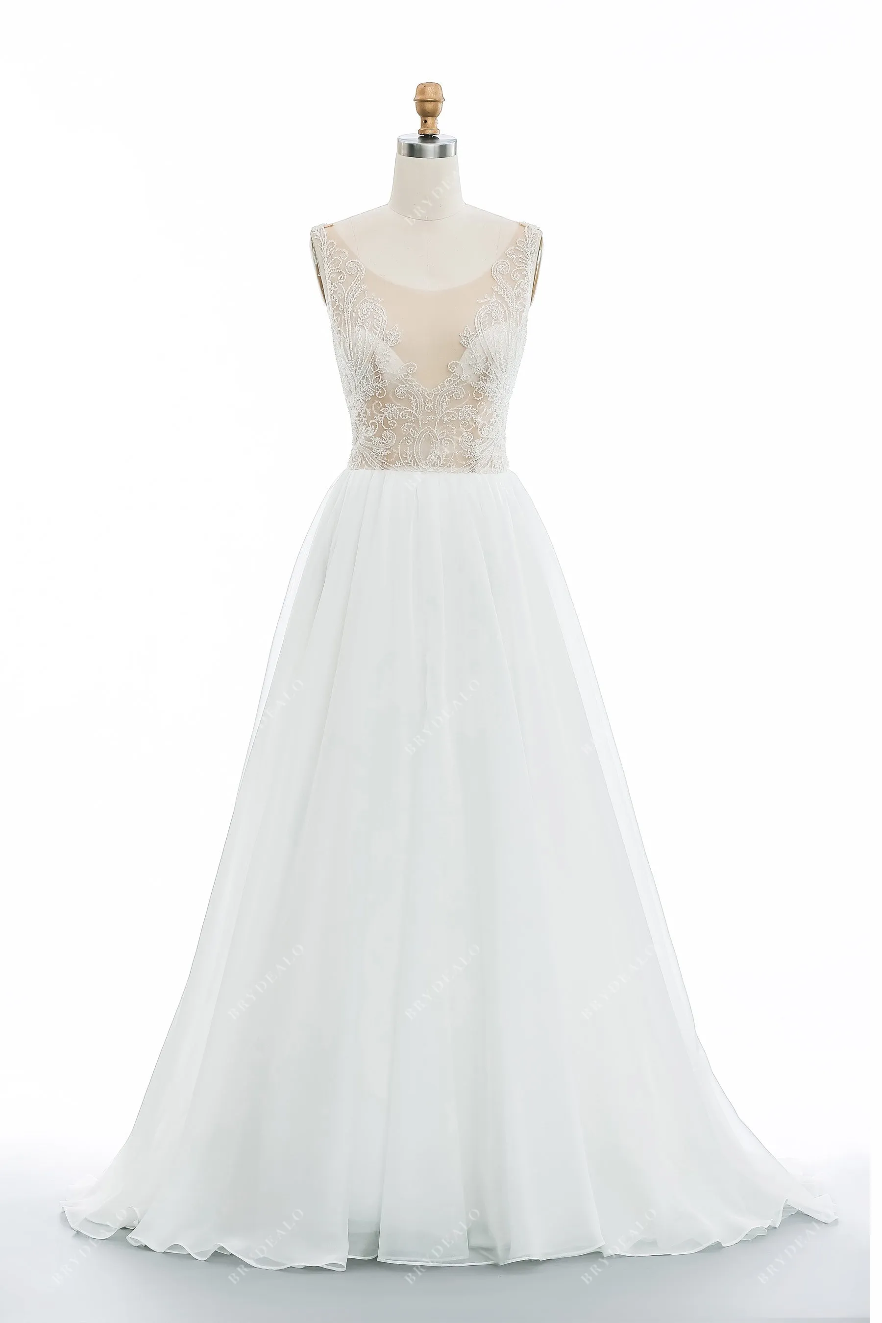 Chic Wedding Gown with Illusion Beaded Bodice and Organza Skirt