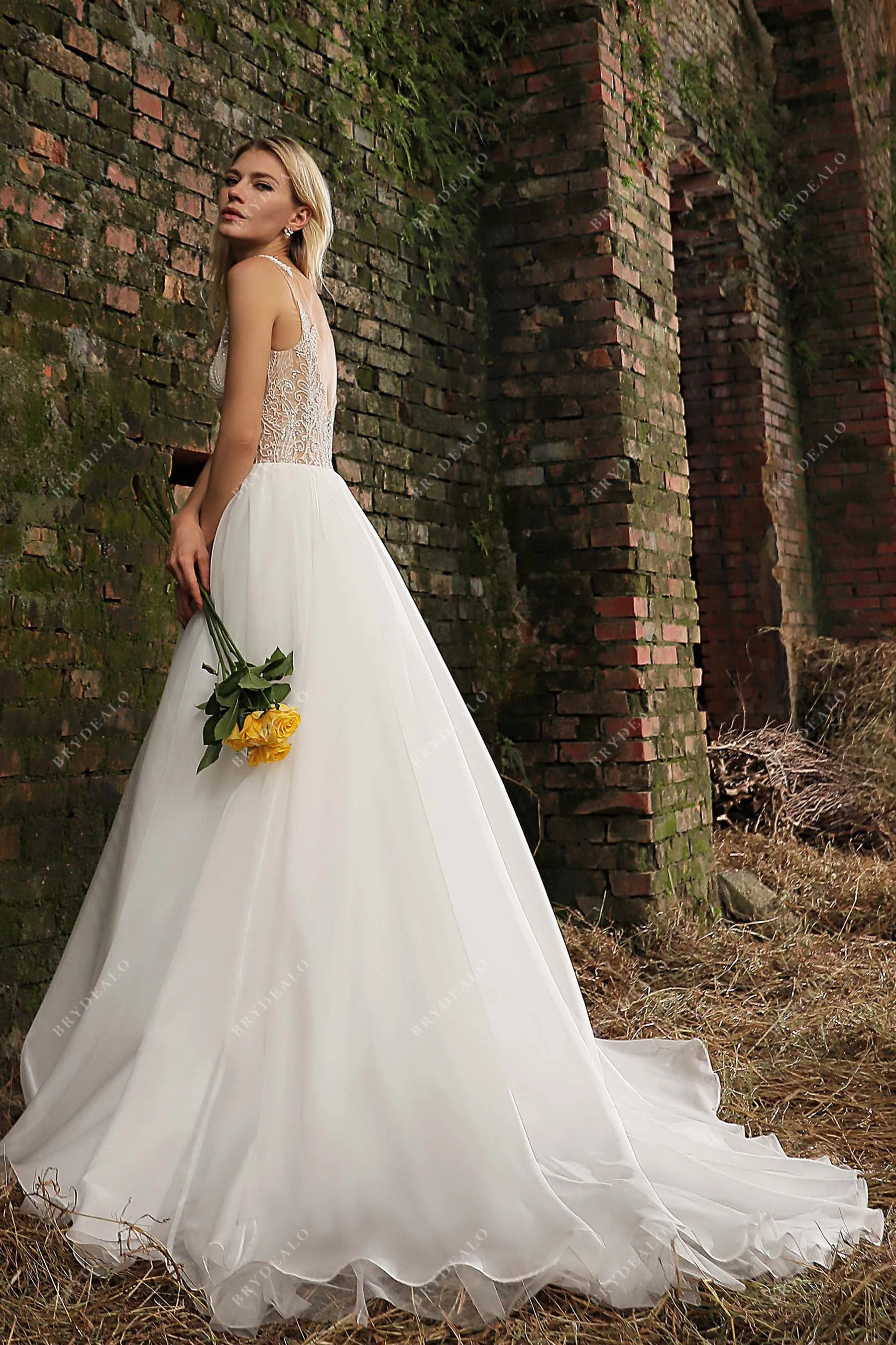 Chic Wedding Gown with Illusion Beaded Bodice and Organza Skirt