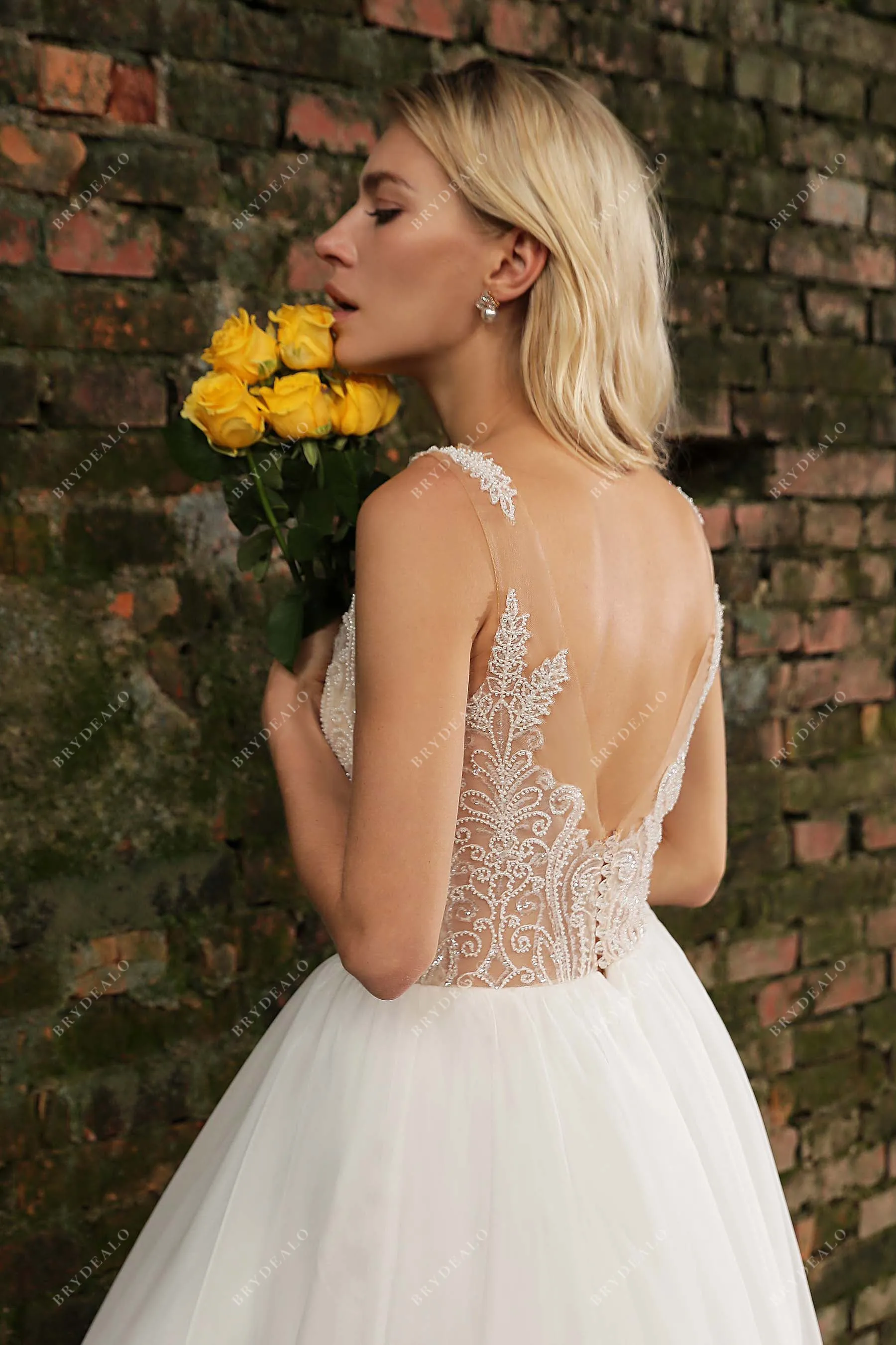 Chic Wedding Gown with Illusion Beaded Bodice and Organza Skirt