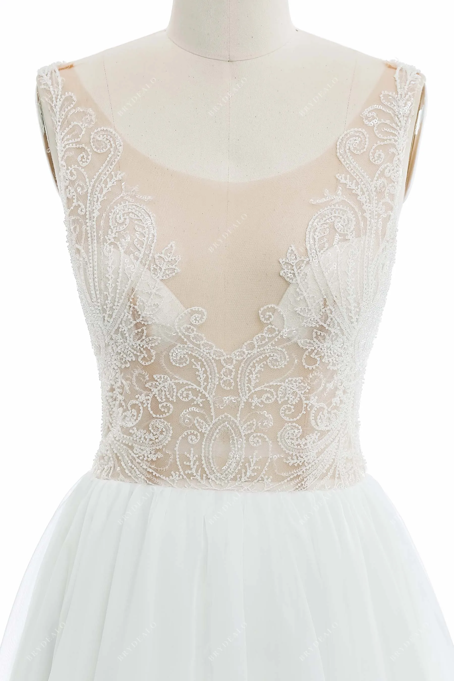 Chic Wedding Gown with Illusion Beaded Bodice and Organza Skirt