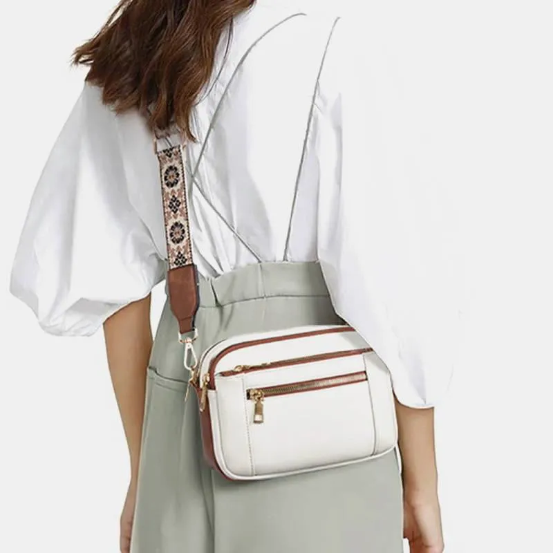 Double Compartment Vegan Leather Crossbody Bag Purses with Adjustable Wide Strap