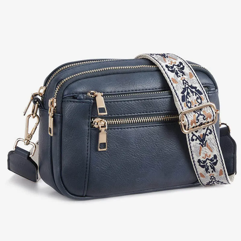 Double Compartment Vegan Leather Crossbody Bag Purses with Adjustable Wide Strap