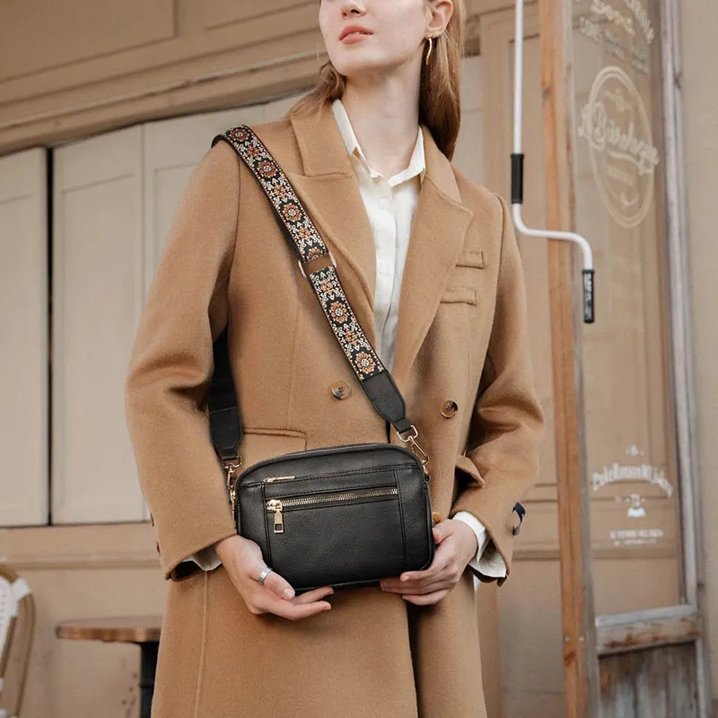 Double Compartment Vegan Leather Crossbody Bag Purses with Adjustable Wide Strap