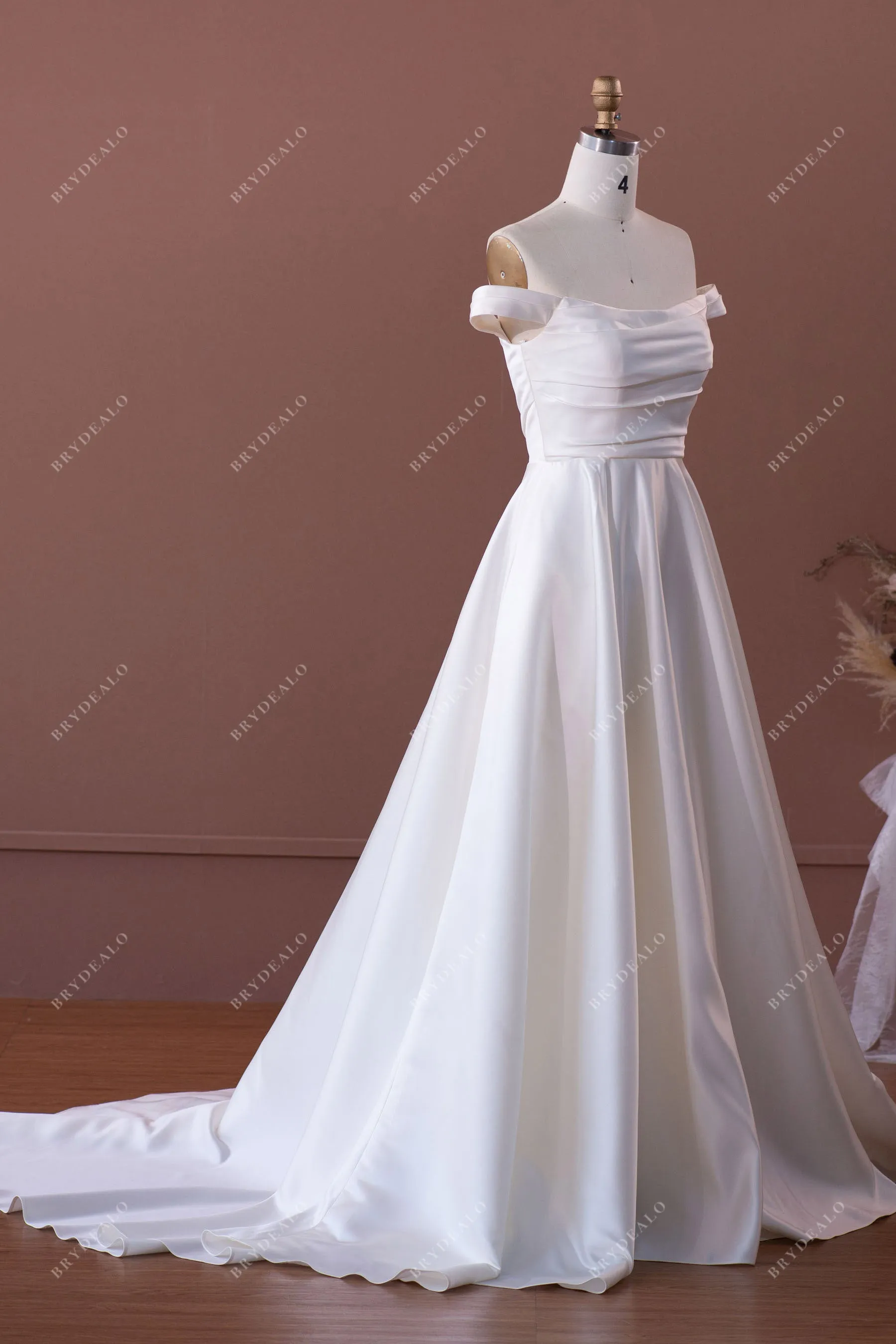 Elegant Ruched OFF-shoulder Satin Chapel Train Wedding Dress