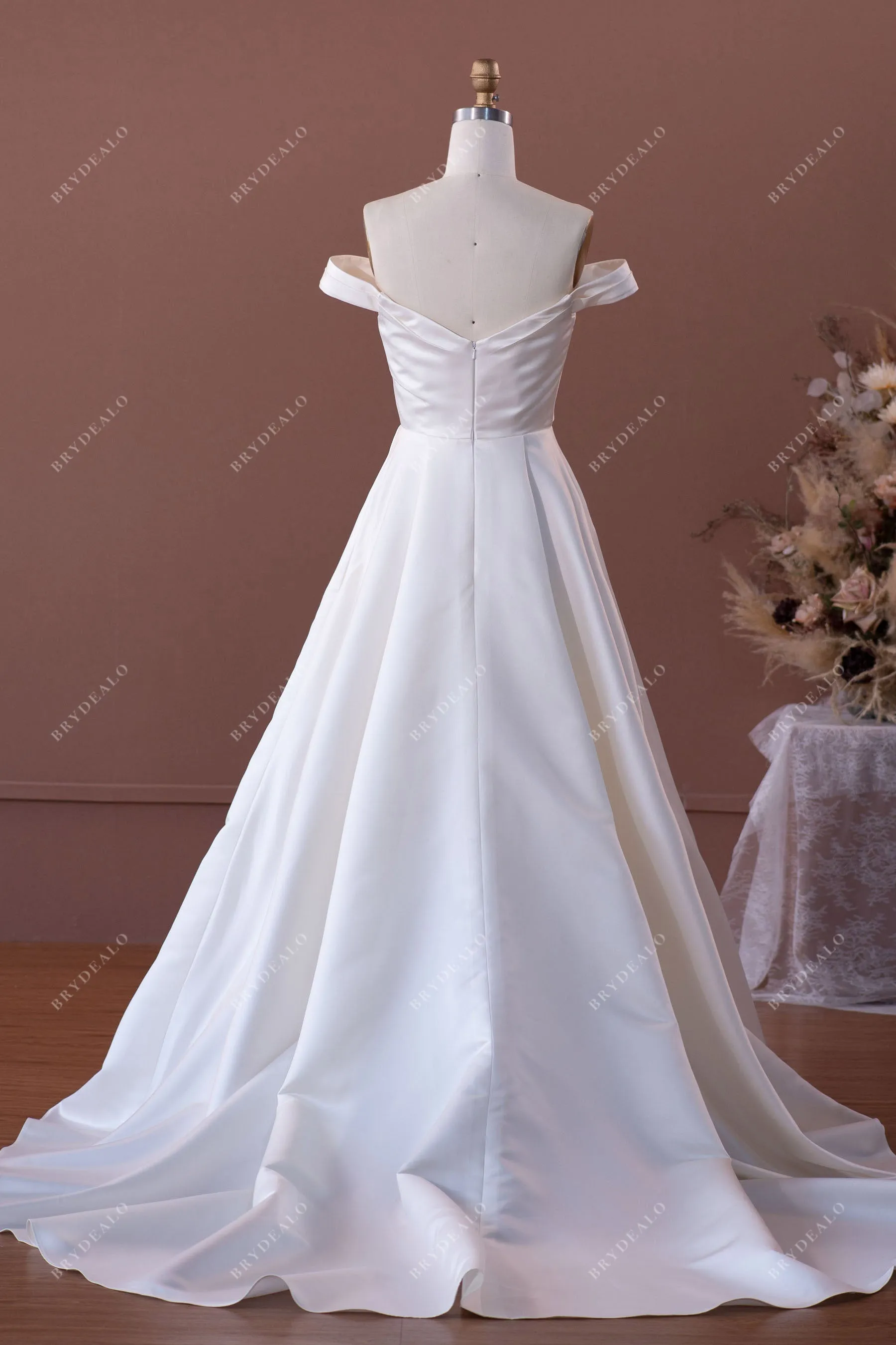 Elegant Ruched OFF-shoulder Satin Chapel Train Wedding Dress