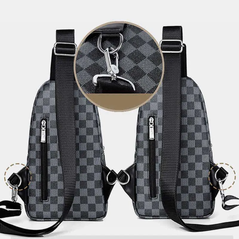 Multipurpose Casual Plaid Leather Sling Bag for Men Crossbody Shoulder Backpack
