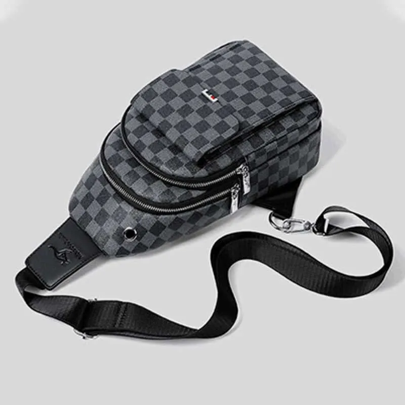 Multipurpose Casual Plaid Leather Sling Bag for Men Crossbody Shoulder Backpack