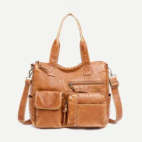 Retro Faux Leather Tote Handbag for Women Shoulder Bag with Crossbody Strap