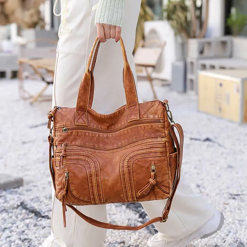 Retro Faux Leather Tote Handbag for Women Shoulder Bag with Crossbody Strap