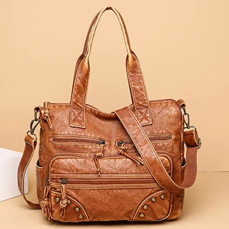 Retro Faux Leather Tote Handbag for Women Shoulder Bag with Crossbody Strap