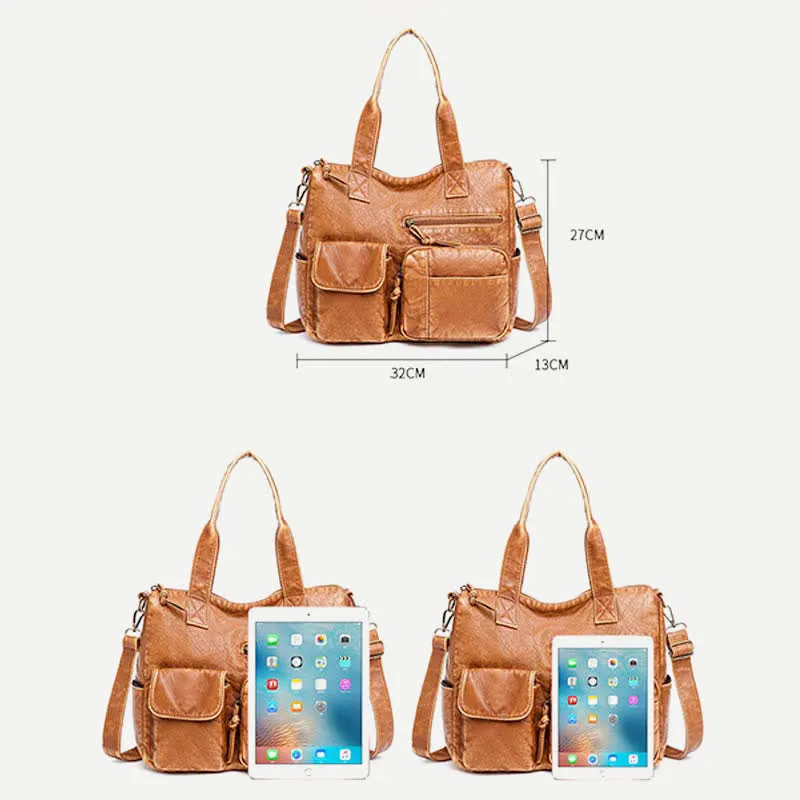 Retro Faux Leather Tote Handbag for Women Shoulder Bag with Crossbody Strap