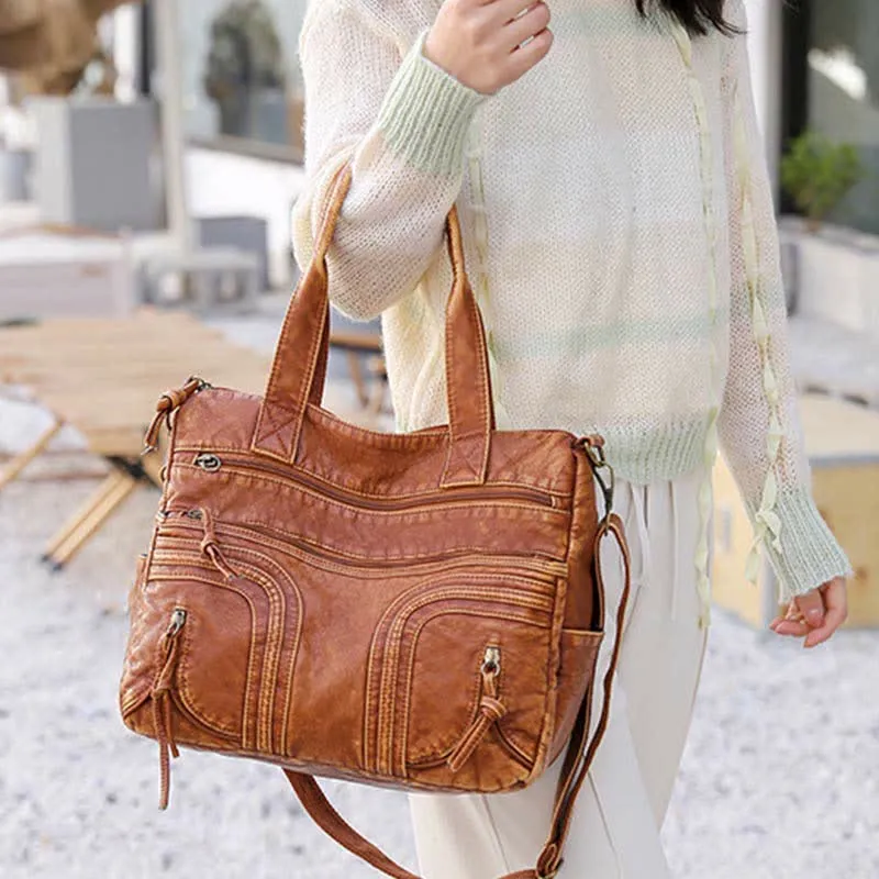 Retro Faux Leather Tote Handbag for Women Shoulder Bag with Crossbody Strap