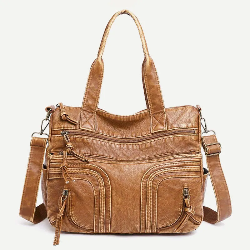 Retro Faux Leather Tote Handbag for Women Shoulder Bag with Crossbody Strap