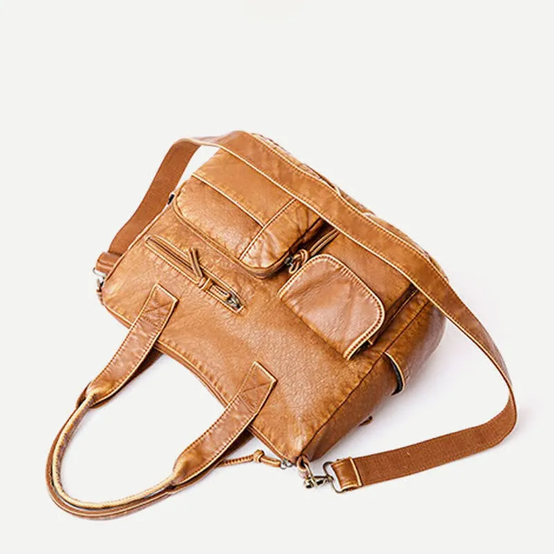 Retro Faux Leather Tote Handbag for Women Shoulder Bag with Crossbody Strap