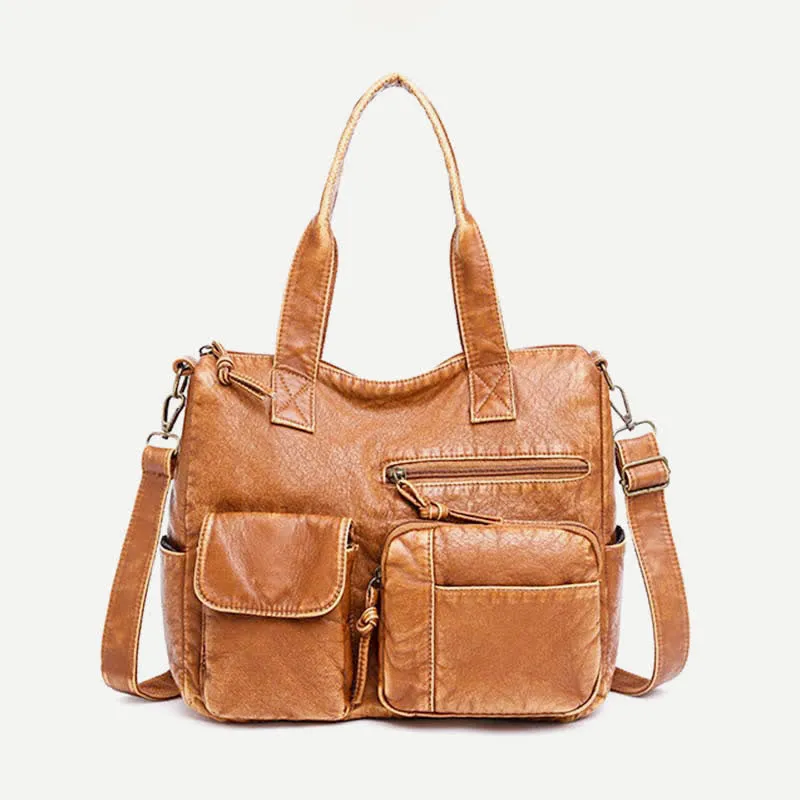 Retro Faux Leather Tote Handbag for Women Shoulder Bag with Crossbody Strap