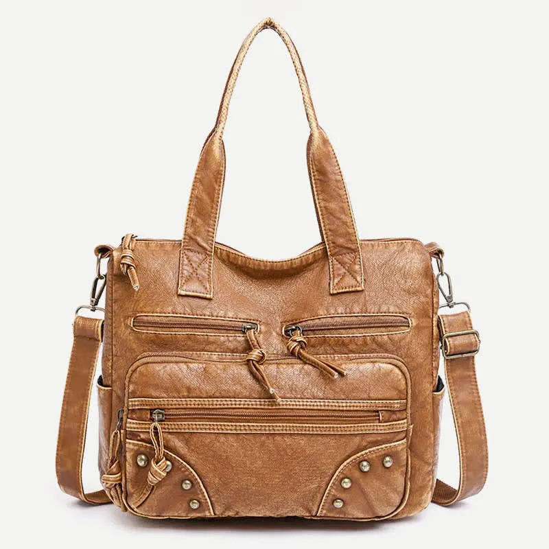 Retro Faux Leather Tote Handbag for Women Shoulder Bag with Crossbody Strap