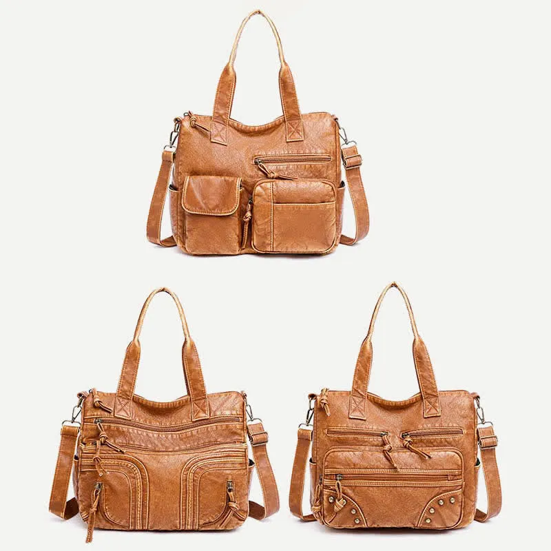 Retro Faux Leather Tote Handbag for Women Shoulder Bag with Crossbody Strap