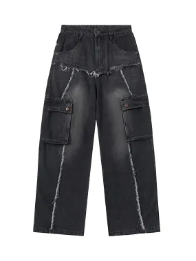 Sneakerhill Multi-pocket Raw Edge Jeans