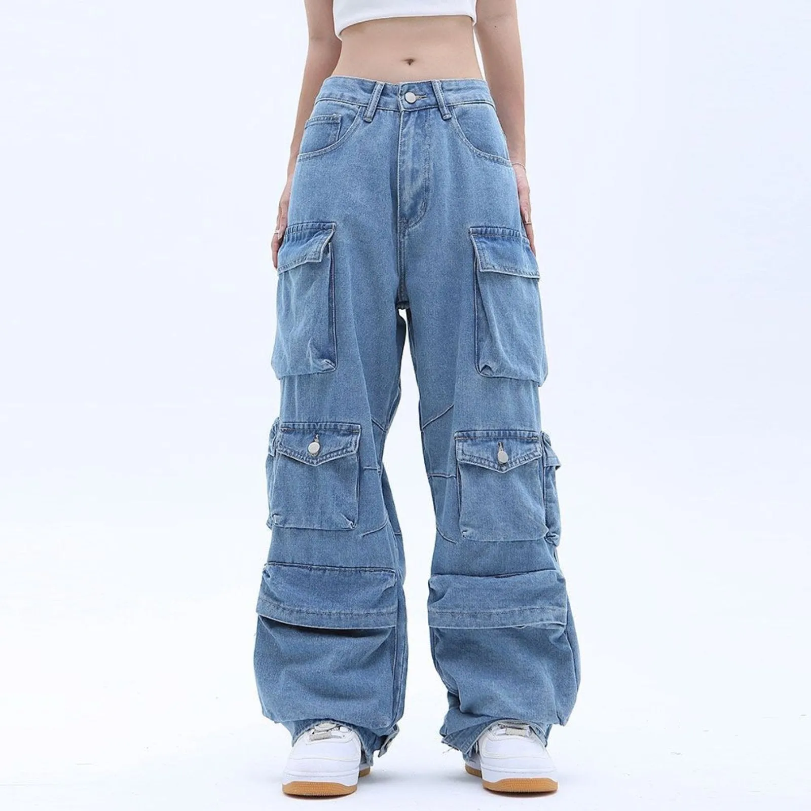 Women's Multi-Pocket Baggy Cargo Blue Jeans