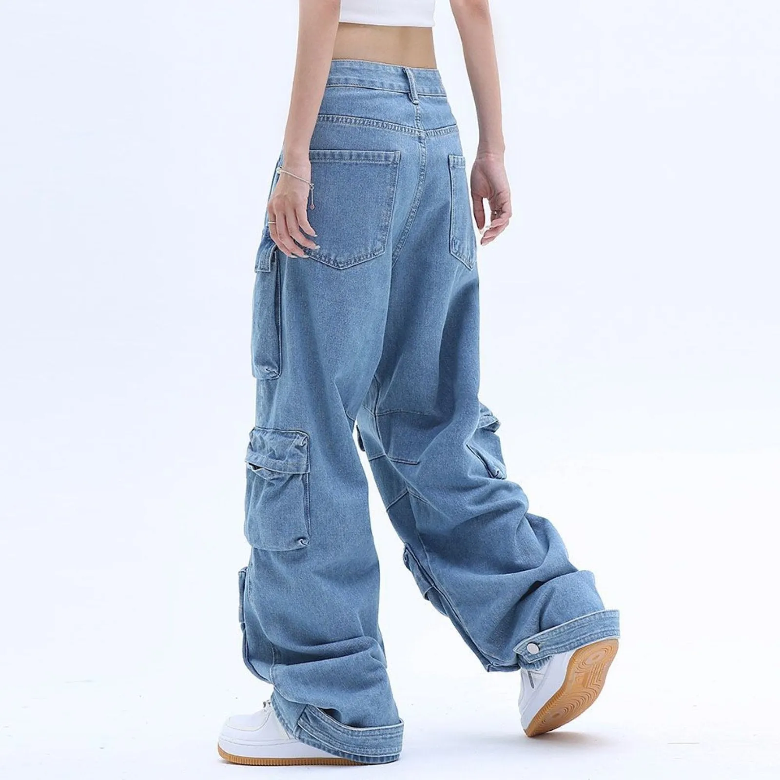 Women's Multi-Pocket Baggy Cargo Blue Jeans