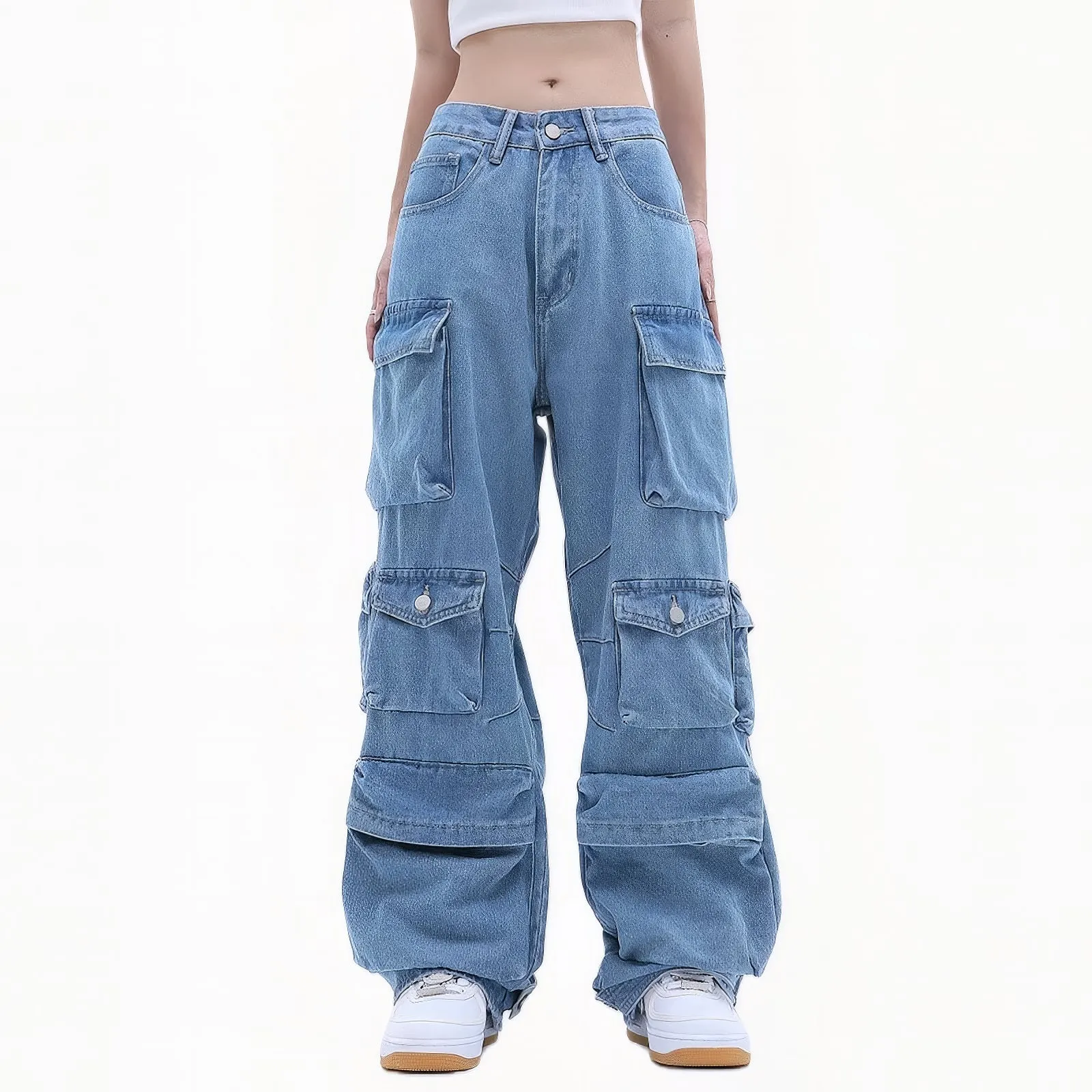 Women's Multi-Pocket Baggy Cargo Blue Jeans