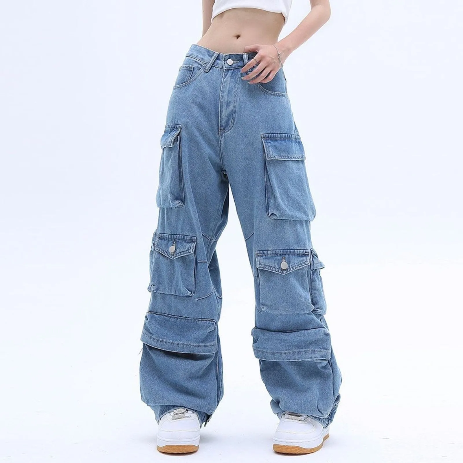 Women's Multi-Pocket Baggy Cargo Blue Jeans