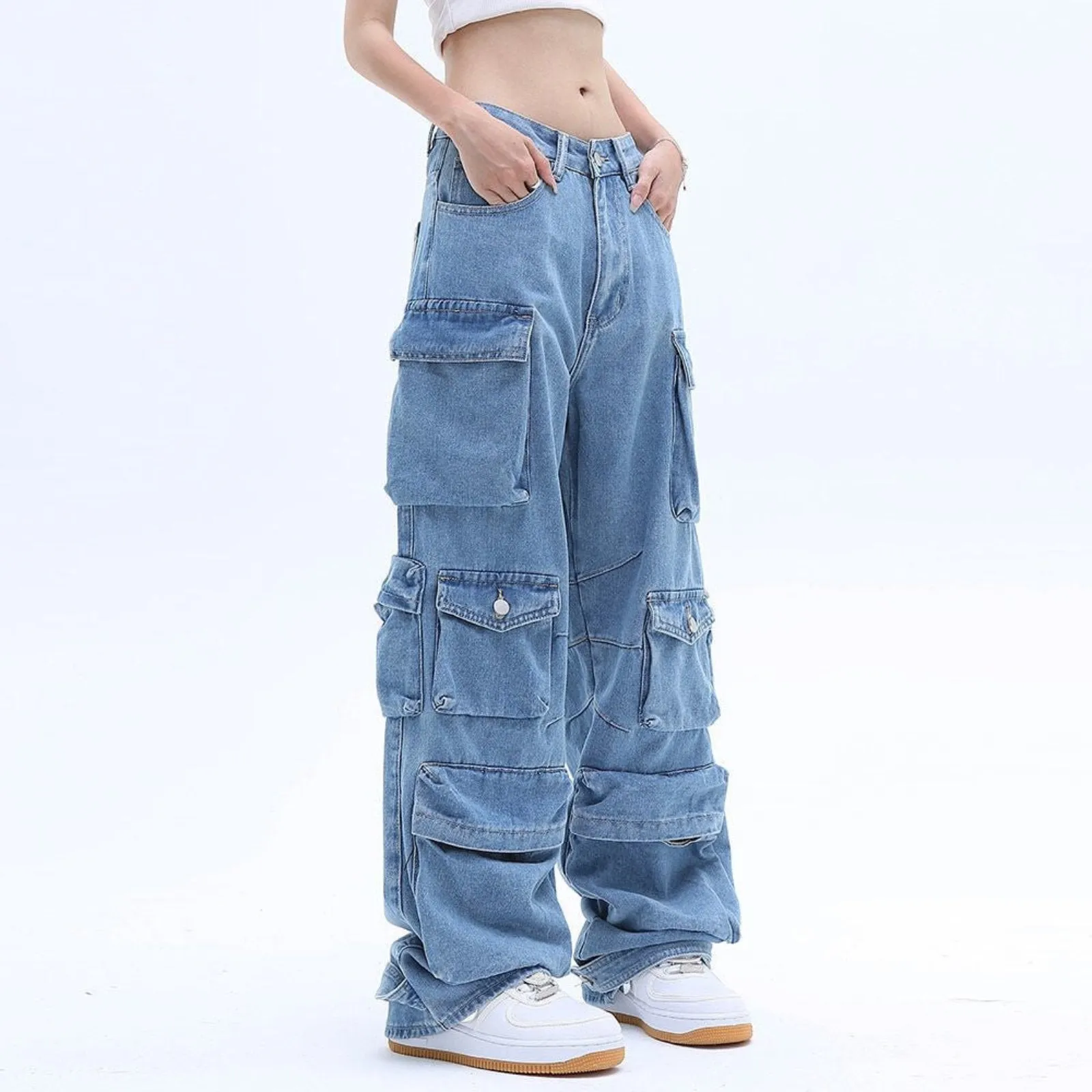 Women's Multi-Pocket Baggy Cargo Blue Jeans