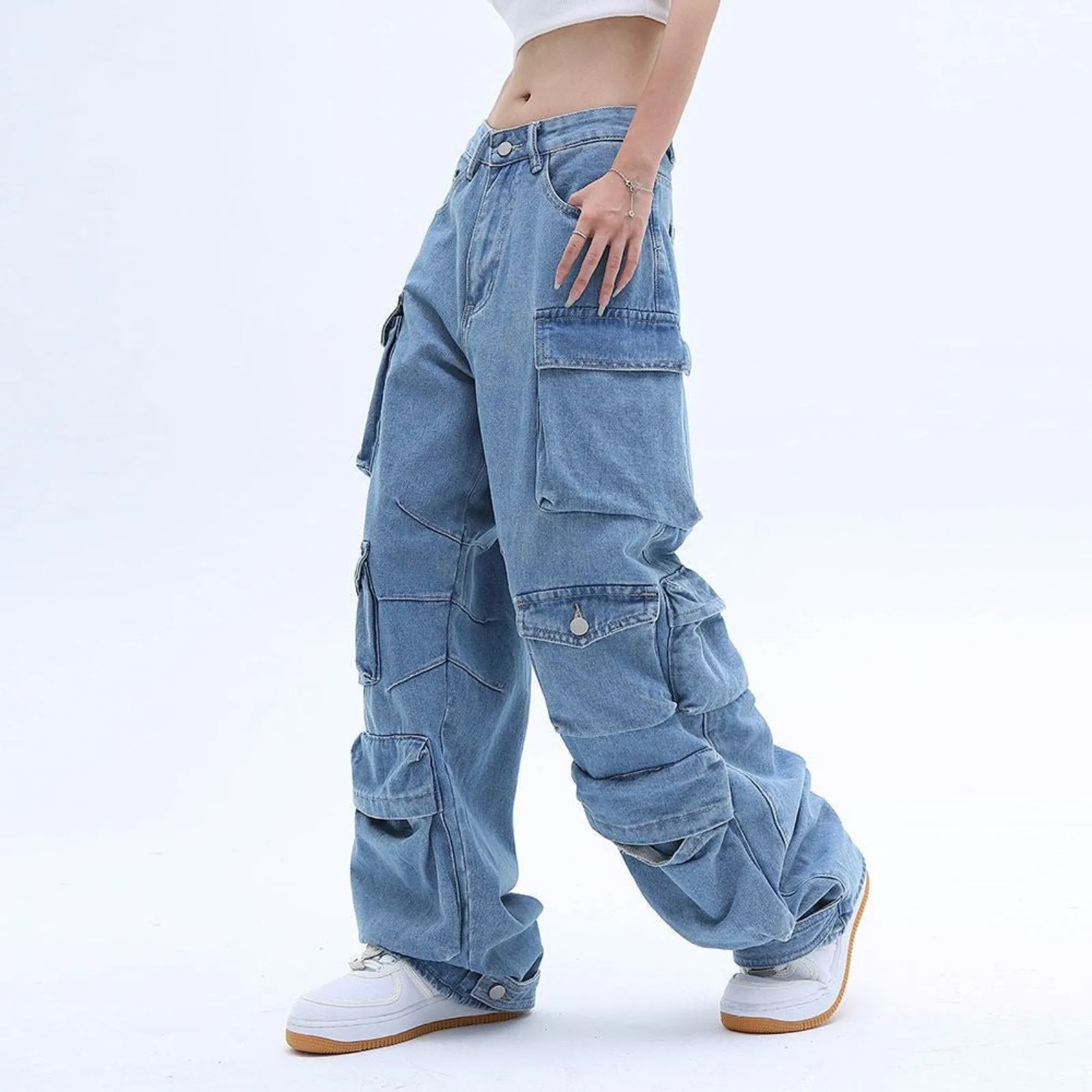 Women's Multi-Pocket Baggy Cargo Blue Jeans